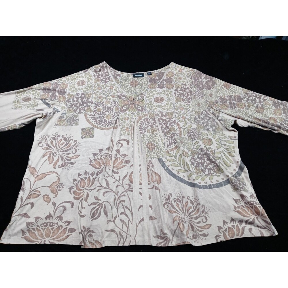 Avenue Women Pleated Top Brawn Floral Paisley Scoop V-Neck Stone Front Plus 4X